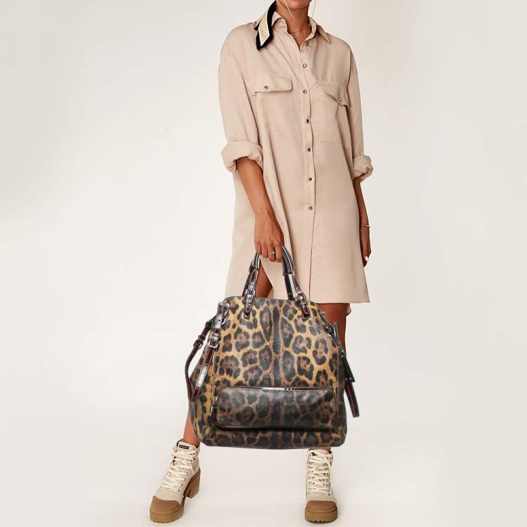 Pre Owned Dolce & Gabbana Burgundy Leopard Print Coated Canvas Miss Pocket Tote