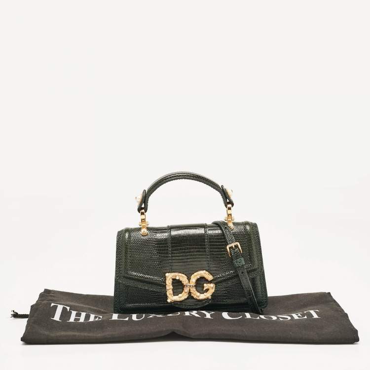 Pre Owned Dolce & Gabbana Green Lizard Embossed Leather Mini DG Amore Top Handle Bag