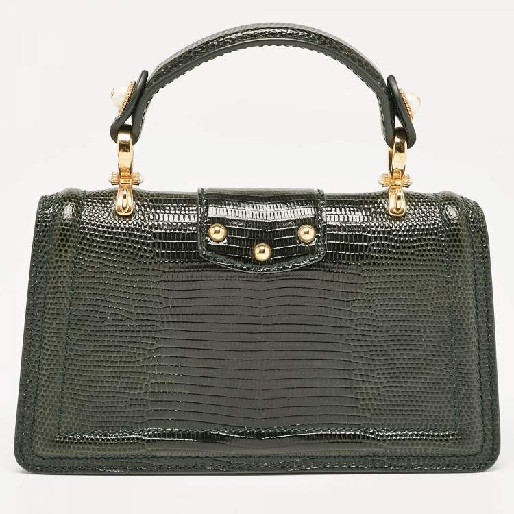 Pre Owned Dolce & Gabbana Green Lizard Embossed Leather Mini DG Amore Top Handle Bag