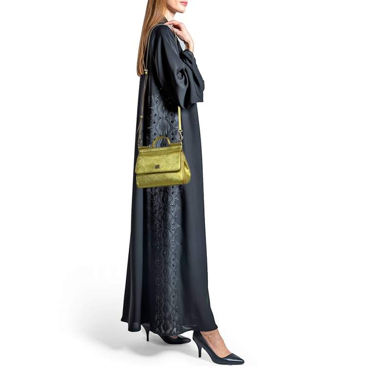 Pre Owned Dolce & Gabbana Metallic Green Leather Small Miss Sicily Top Handle Bag