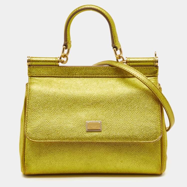 Pre Owned Dolce & Gabbana Metallic Green Leather Small Miss Sicily Top Handle Bag