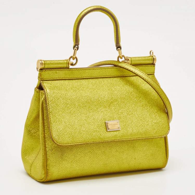 Pre Owned Dolce & Gabbana Metallic Green Leather Small Miss Sicily Top Handle Bag