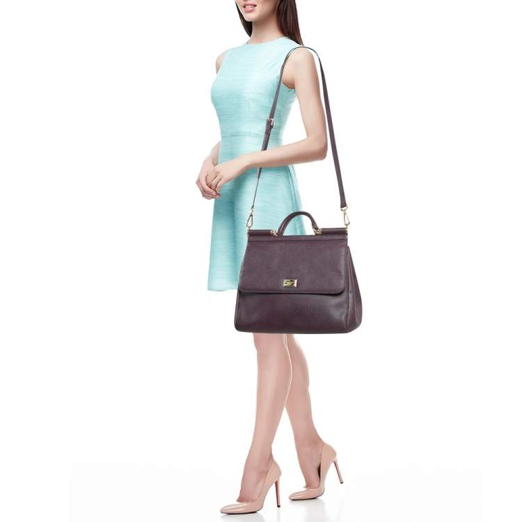 Pre Owned Dolce & Gabbana Plum Leather Large Miss Sicily Top Handle Bag