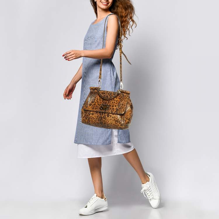 Pre Owned Dolce & Gabbana Brown Karung Leather Leopard Print Large Miss Sicily Top Handle Bag