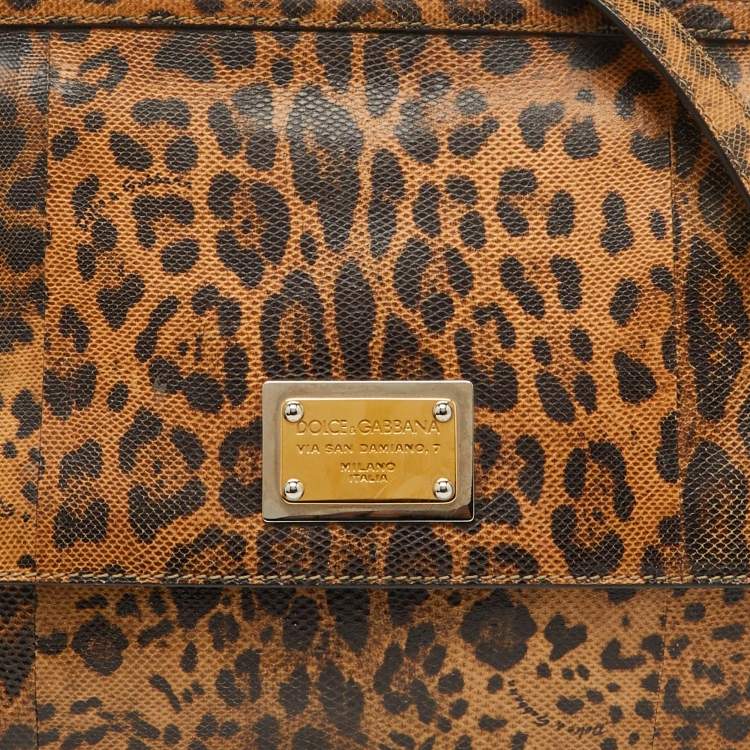 Pre Owned Dolce & Gabbana Brown Karung Leather Leopard Print Large Miss Sicily Top Handle Bag