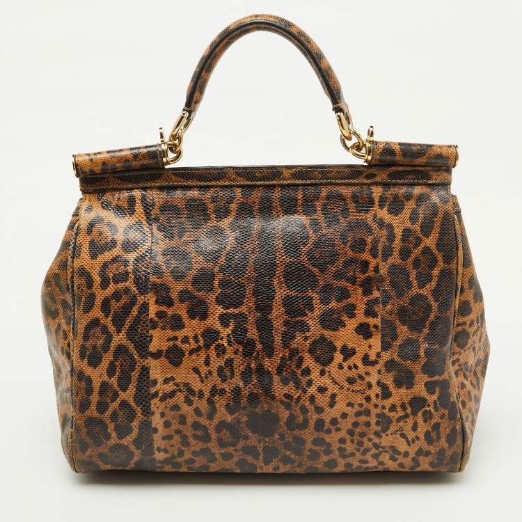 Pre Owned Dolce & Gabbana Brown Karung Leather Leopard Print Large Miss Sicily Top Handle Bag