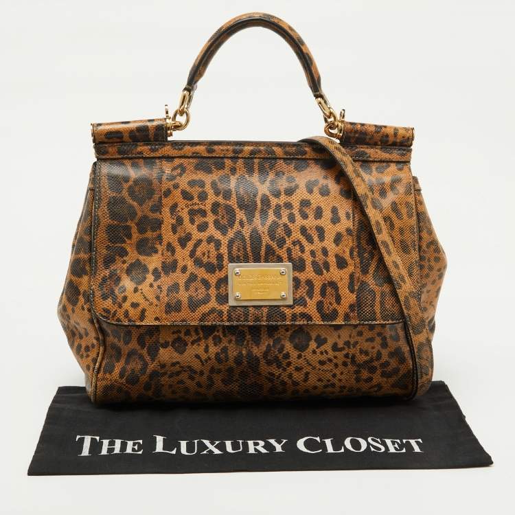 Pre Owned Dolce & Gabbana Brown Karung Leather Leopard Print Large Miss Sicily Top Handle Bag
