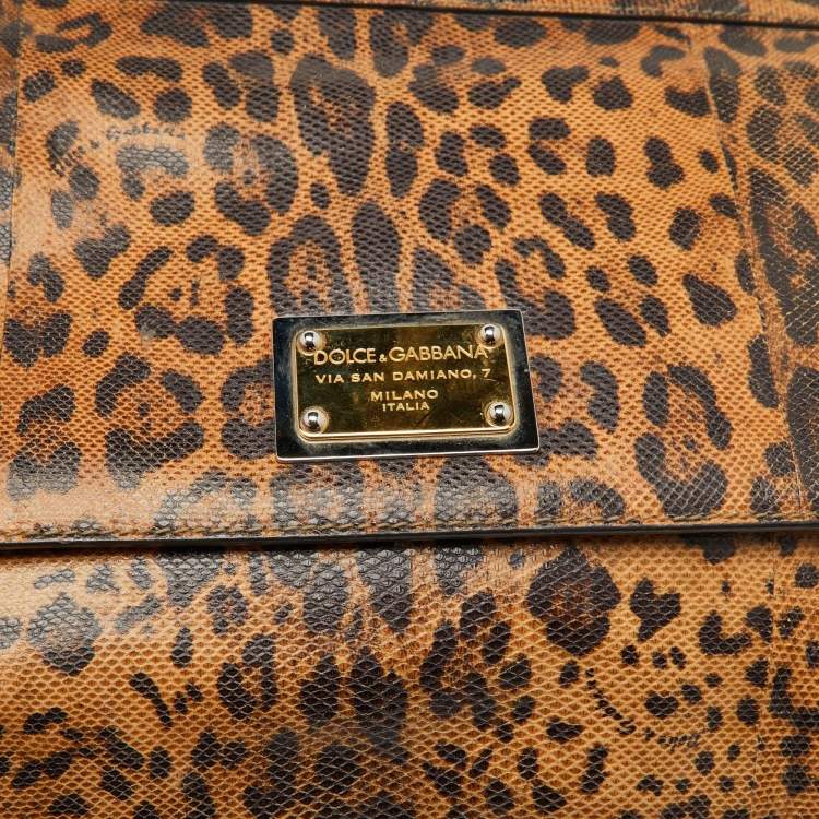 Pre Owned Dolce & Gabbana Brown Karung Leather Leopard Print Large Miss Sicily Top Handle Bag