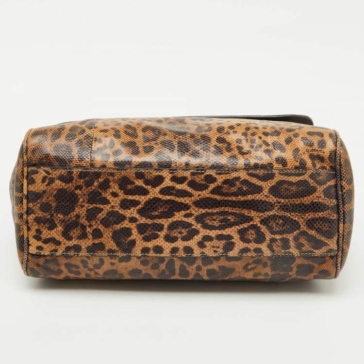 Pre Owned Dolce & Gabbana Brown Karung Leather Leopard Print Large Miss Sicily Top Handle Bag
