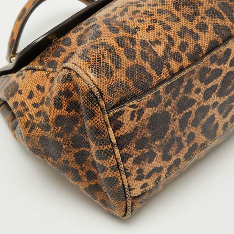 Pre Owned Dolce & Gabbana Brown Karung Leather Leopard Print Large Miss Sicily Top Handle Bag