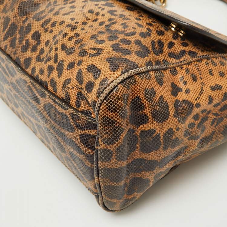 Pre Owned Dolce & Gabbana Brown Karung Leather Leopard Print Large Miss Sicily Top Handle Bag