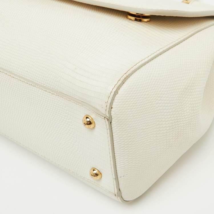 Pre Owned Dolce & Gabbana White Lizard Embossed Leather Medium Miss Sicily Top Handle Bag