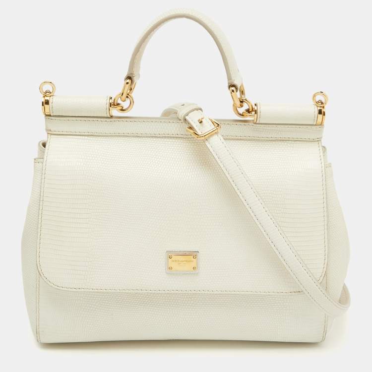Pre Owned Dolce & Gabbana White Lizard Embossed Leather Medium Miss Sicily Top Handle Bag