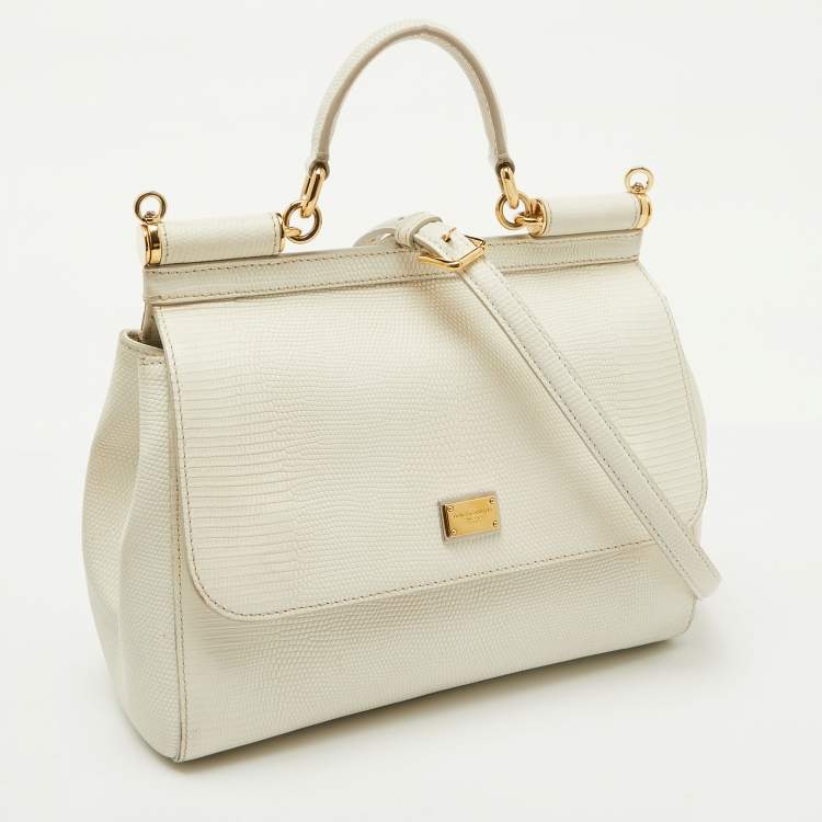 Pre Owned Dolce & Gabbana White Lizard Embossed Leather Medium Miss Sicily Top Handle Bag