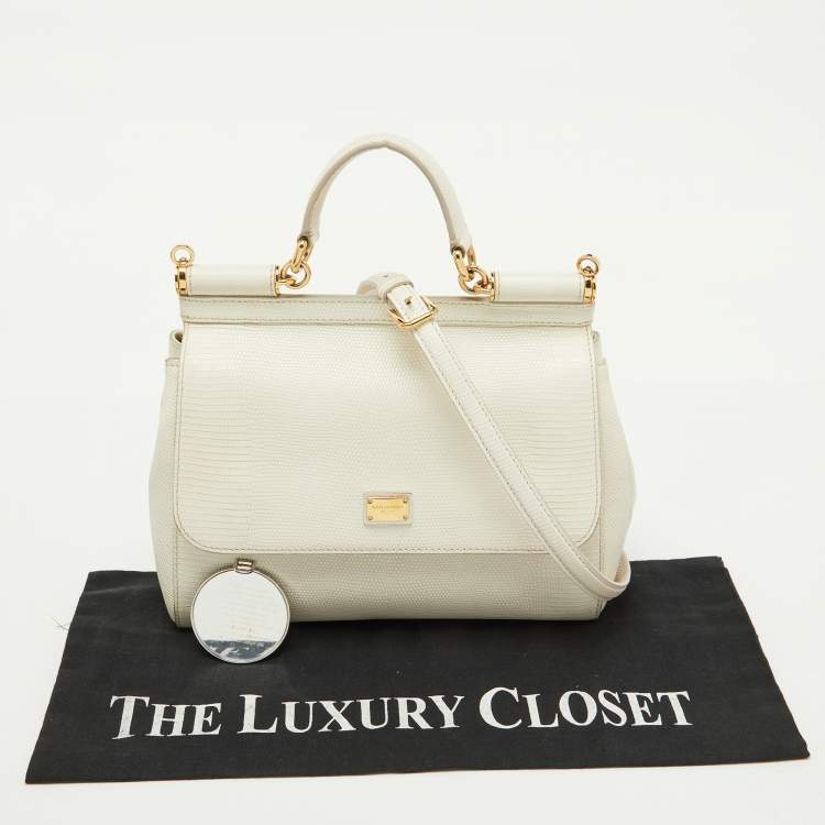 Pre Owned Dolce & Gabbana White Lizard Embossed Leather Medium Miss Sicily Top Handle Bag