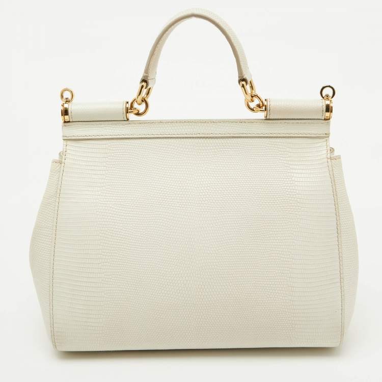 Pre Owned Dolce & Gabbana White Lizard Embossed Leather Medium Miss Sicily Top Handle Bag