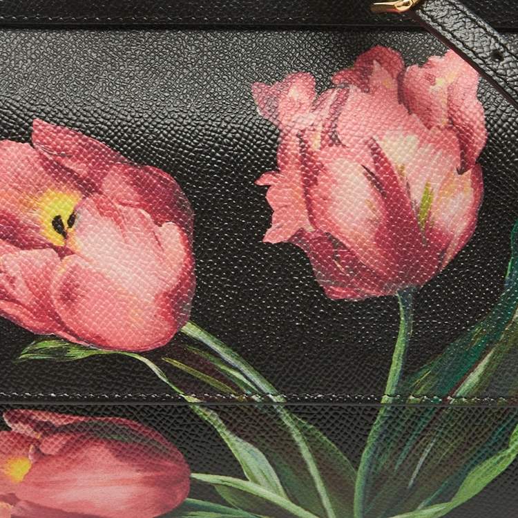 Pre Owned Dolce & Gabbana Black Leather Floral Small Miss Sicily Top Handle Bag
