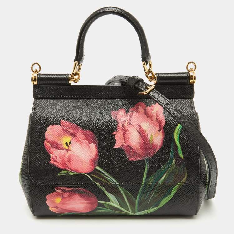 Pre Owned Dolce & Gabbana Black Leather Floral Small Miss Sicily Top Handle Bag