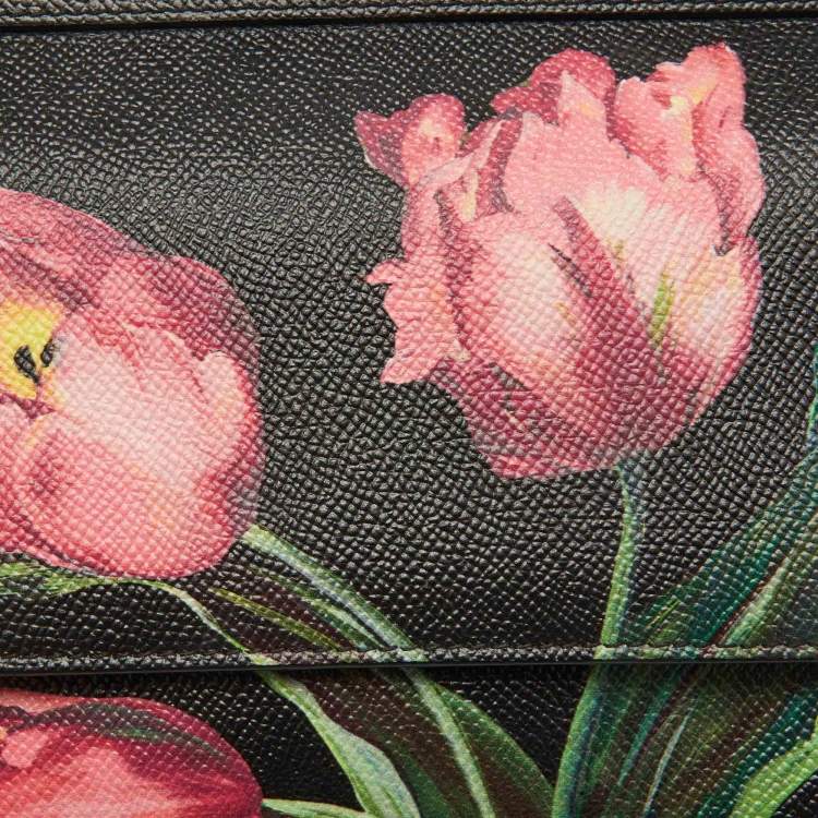 Pre Owned Dolce & Gabbana Black Leather Floral Small Miss Sicily Top Handle Bag