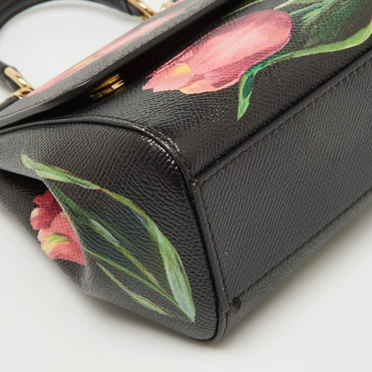 Pre Owned Dolce & Gabbana Black Leather Floral Small Miss Sicily Top Handle Bag