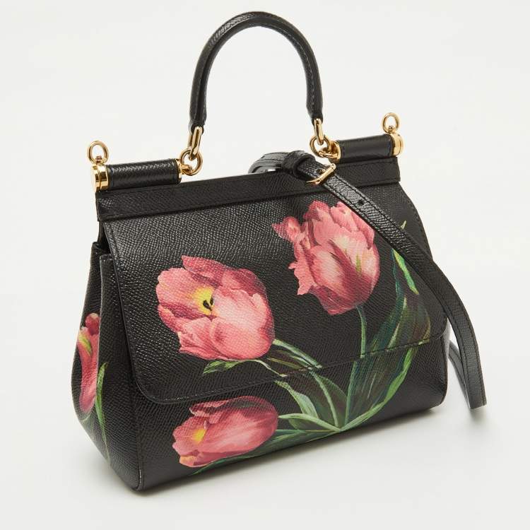 Pre Owned Dolce & Gabbana Black Leather Floral Small Miss Sicily Top Handle Bag