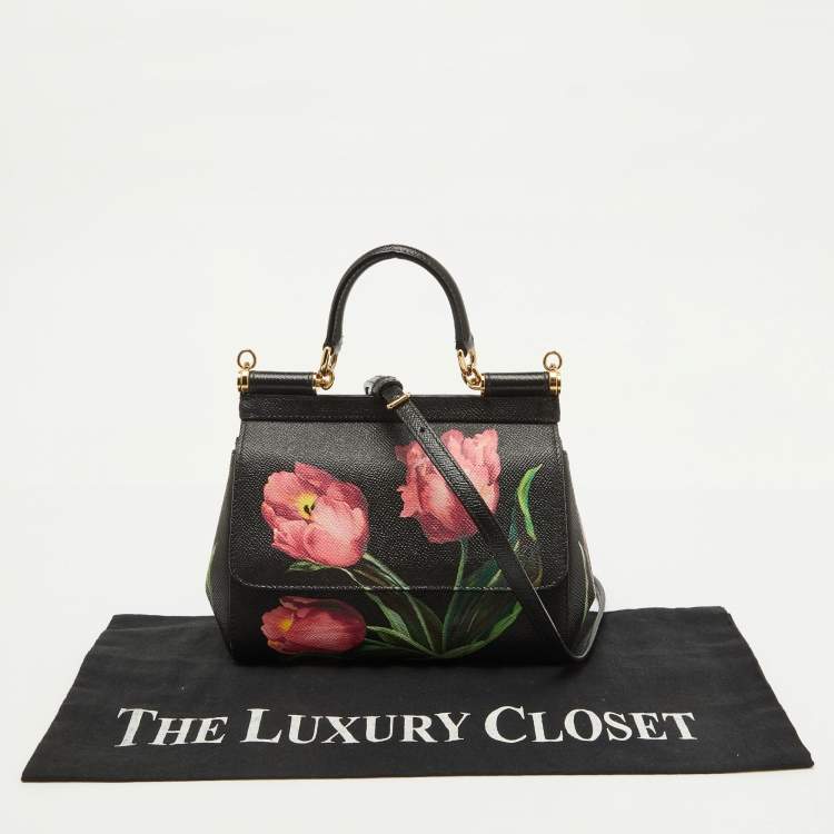 Pre Owned Dolce & Gabbana Black Leather Floral Small Miss Sicily Top Handle Bag