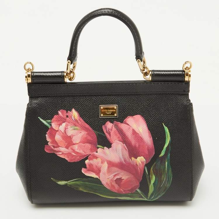 Pre Owned Dolce & Gabbana Black Leather Floral Small Miss Sicily Top Handle Bag