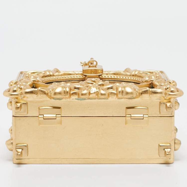 Pre Owned Dolce & Gabbana Gold Acrylic and Wood Leaf Dolce Box Bag