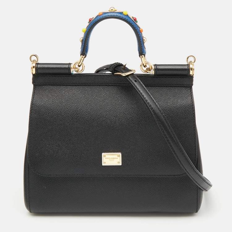 Pre Owned Dolce & Gabbana Black Leather Medium Miss Sicily Top Handle Bag