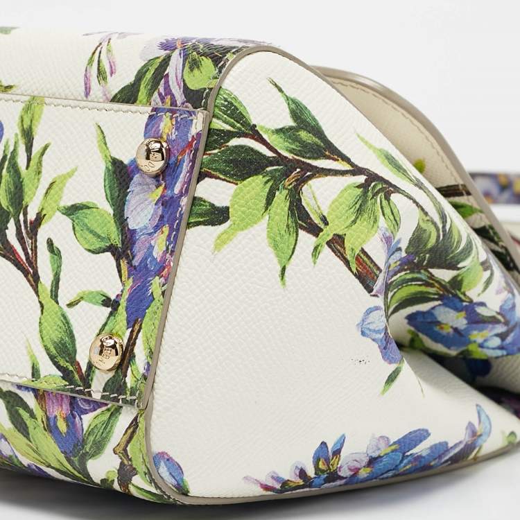 Pre Owned Dolce & Gabbana White/Multicolor Printed Leather Medium Miss Sicily Top Handle Bag