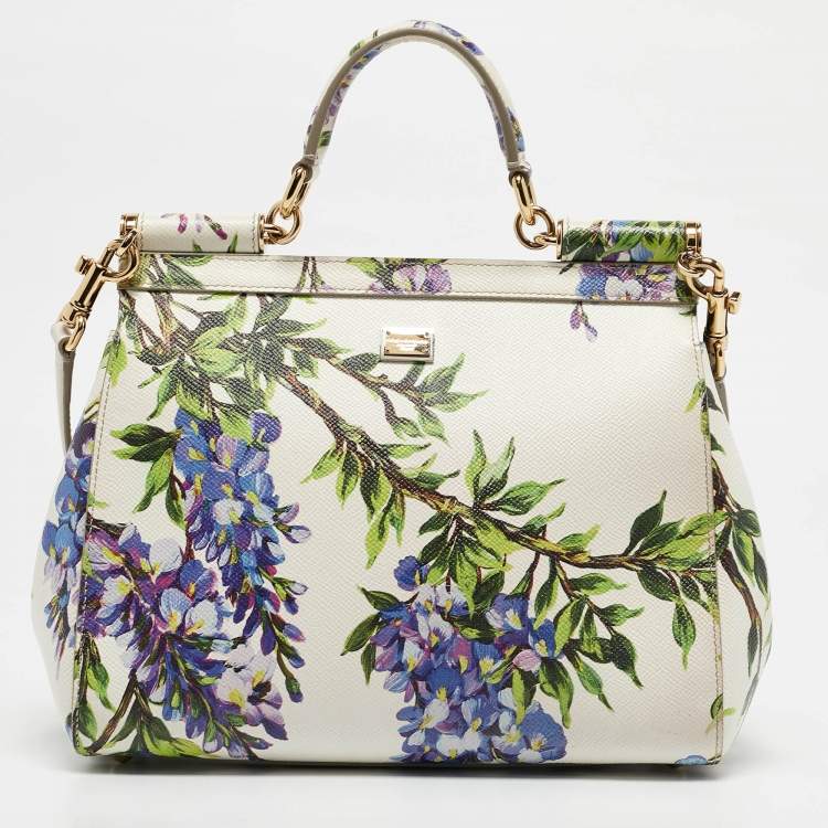 Pre Owned Dolce & Gabbana White/Multicolor Printed Leather Medium Miss Sicily Top Handle Bag