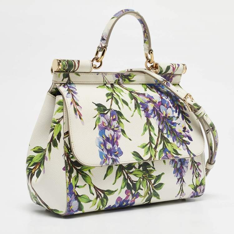Pre Owned Dolce & Gabbana White/Multicolor Printed Leather Medium Miss Sicily Top Handle Bag
