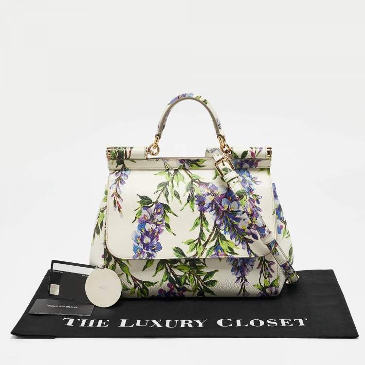 Pre Owned Dolce & Gabbana White/Multicolor Printed Leather Medium Miss Sicily Top Handle Bag