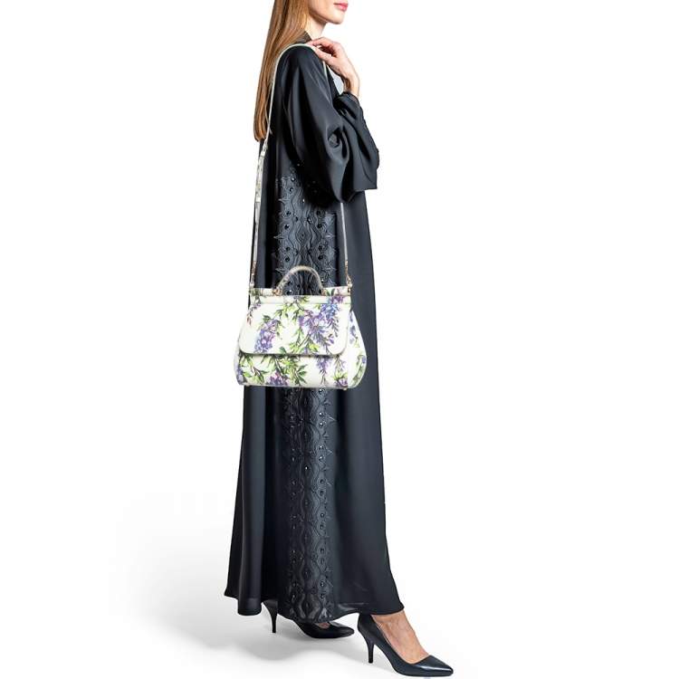 Pre Owned Dolce & Gabbana White/Multicolor Printed Leather Medium Miss Sicily Top Handle Bag