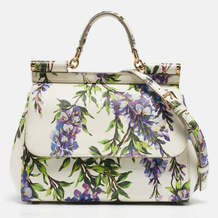 Pre Owned Dolce & Gabbana White/Multicolor Printed Leather Medium Miss Sicily Top Handle Bag