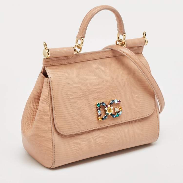 Pre Owned Dolce & Gabbana Beige Lizard Embossed Leather Medium Miss Sicily Top Handle Bag