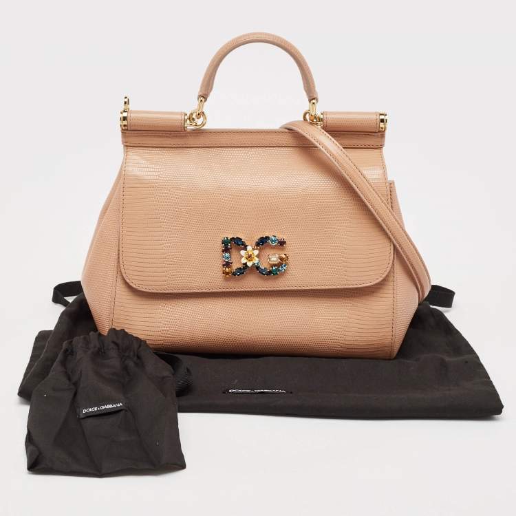 Pre Owned Dolce & Gabbana Beige Lizard Embossed Leather Medium Miss Sicily Top Handle Bag