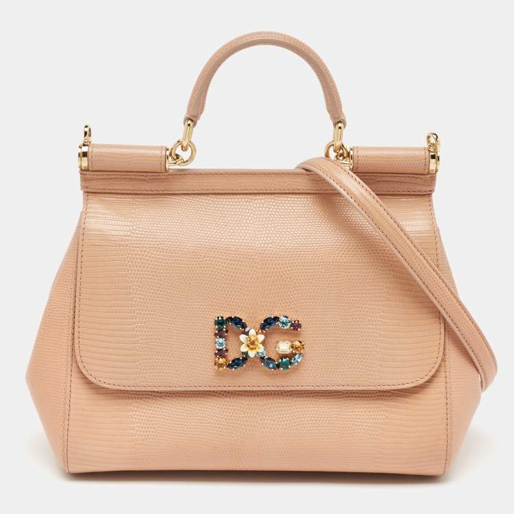 Pre Owned Dolce & Gabbana Beige Lizard Embossed Leather Medium Miss Sicily Top Handle Bag