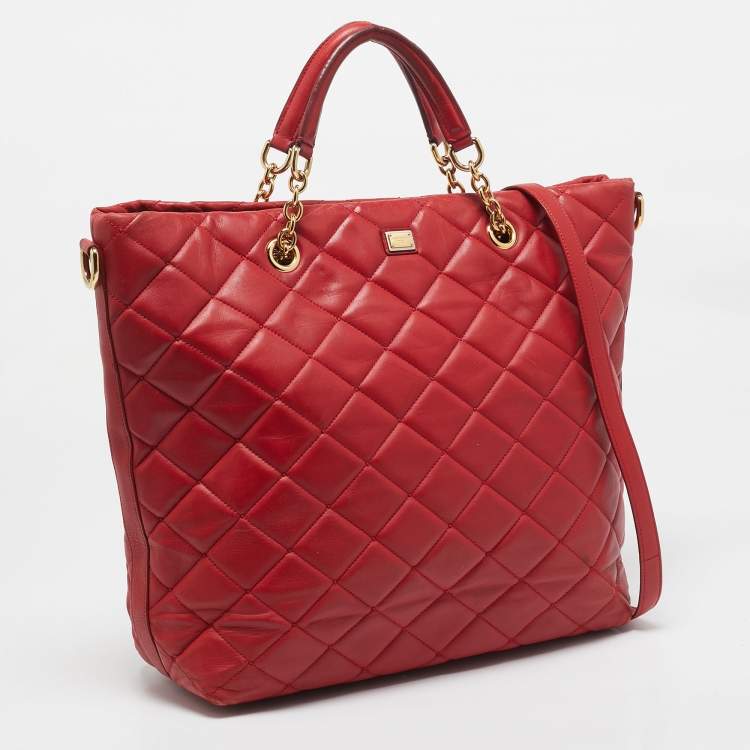 Pre Owned Dolce & Gabbana Red Quilted Leather Chain Shopper Tote