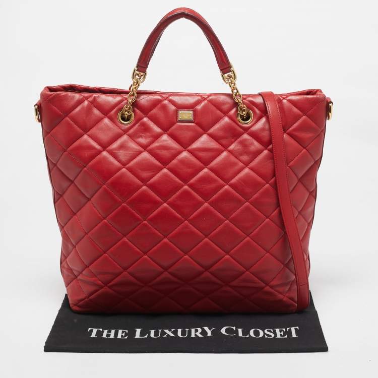 Pre Owned Dolce & Gabbana Red Quilted Leather Chain Shopper Tote
