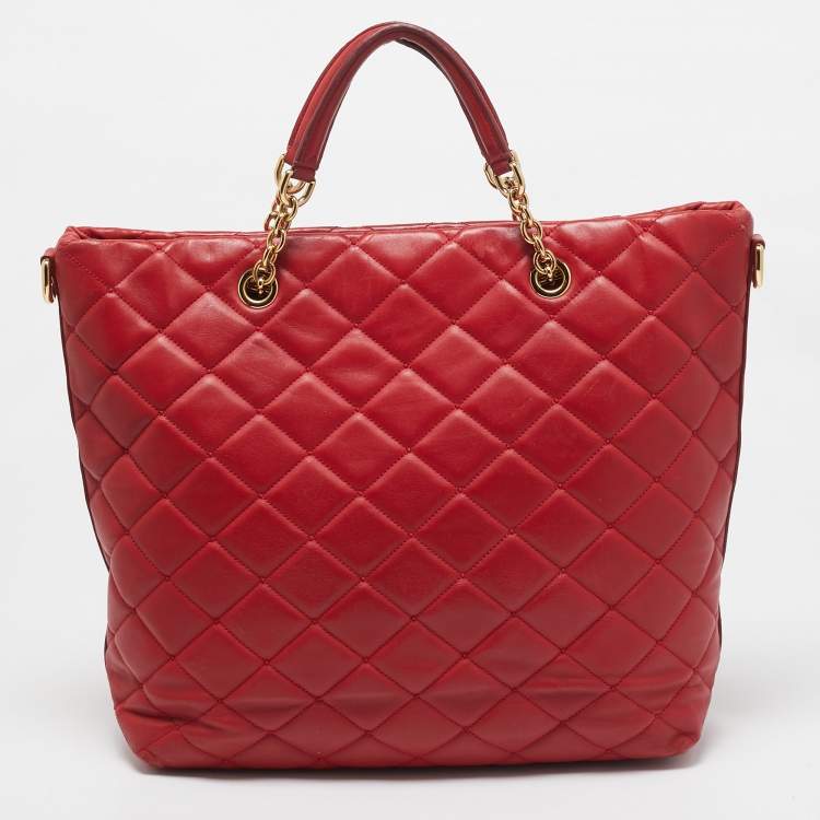 Pre Owned Dolce & Gabbana Red Quilted Leather Chain Shopper Tote