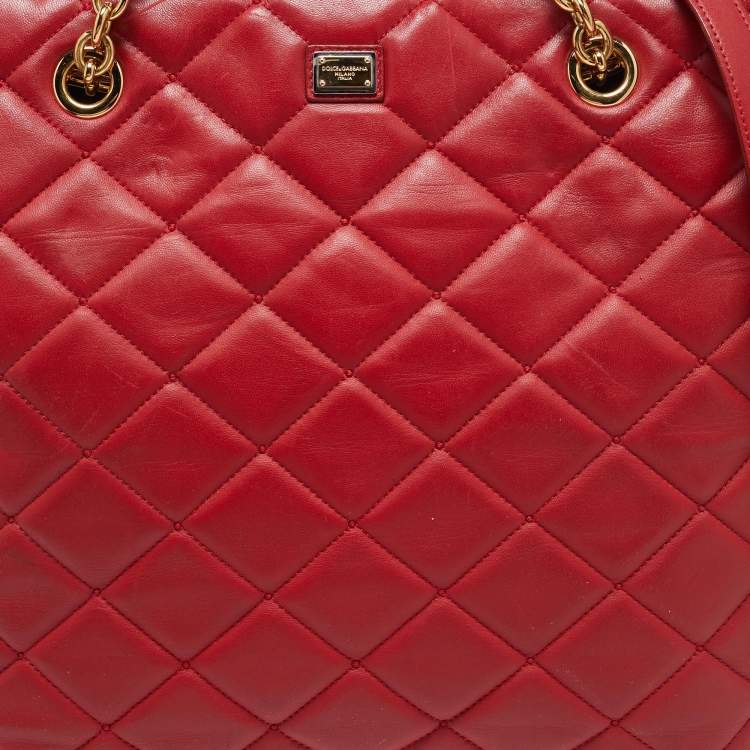 Pre Owned Dolce & Gabbana Red Quilted Leather Chain Shopper Tote