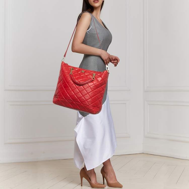 Pre Owned Dolce & Gabbana Red Quilted Leather Chain Shopper Tote