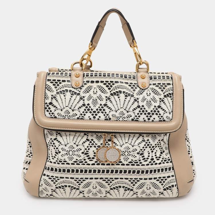 Pre Owned Dolce & Gabbana White/Beige Lace and Leather Large Miss Sicily Heritage Satchel
