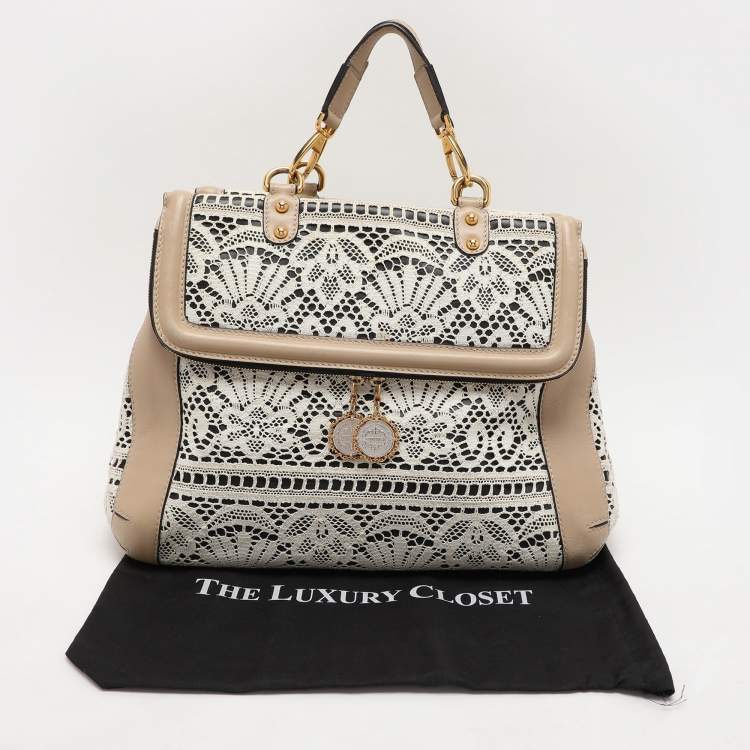 Pre Owned Dolce & Gabbana White/Beige Lace and Leather Large Miss Sicily Heritage Satchel