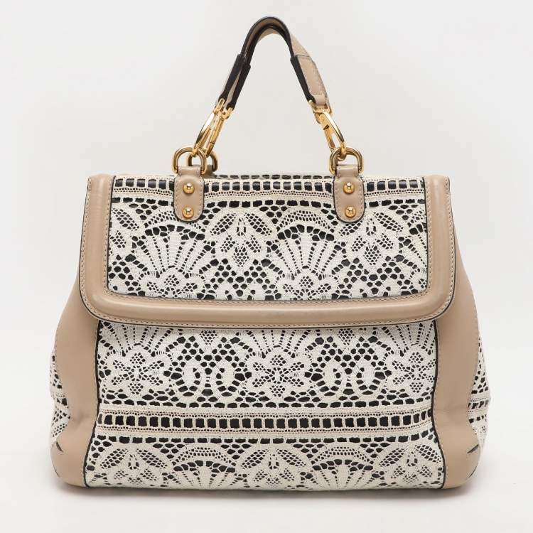 Pre Owned Dolce & Gabbana White/Beige Lace and Leather Large Miss Sicily Heritage Satchel