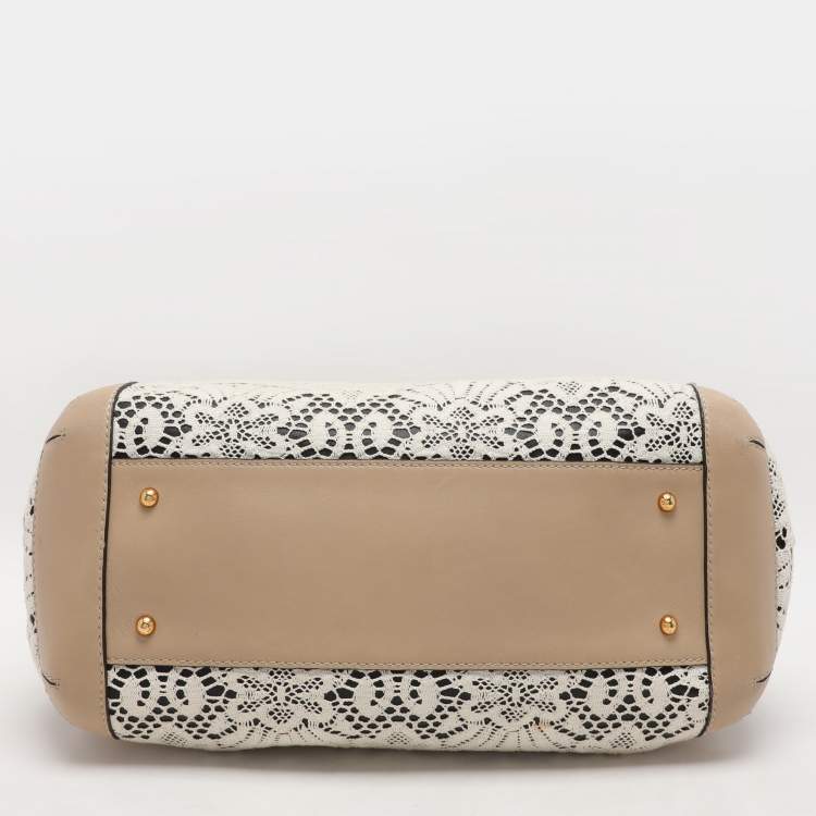 Pre Owned Dolce & Gabbana White/Beige Lace and Leather Large Miss Sicily Heritage Satchel