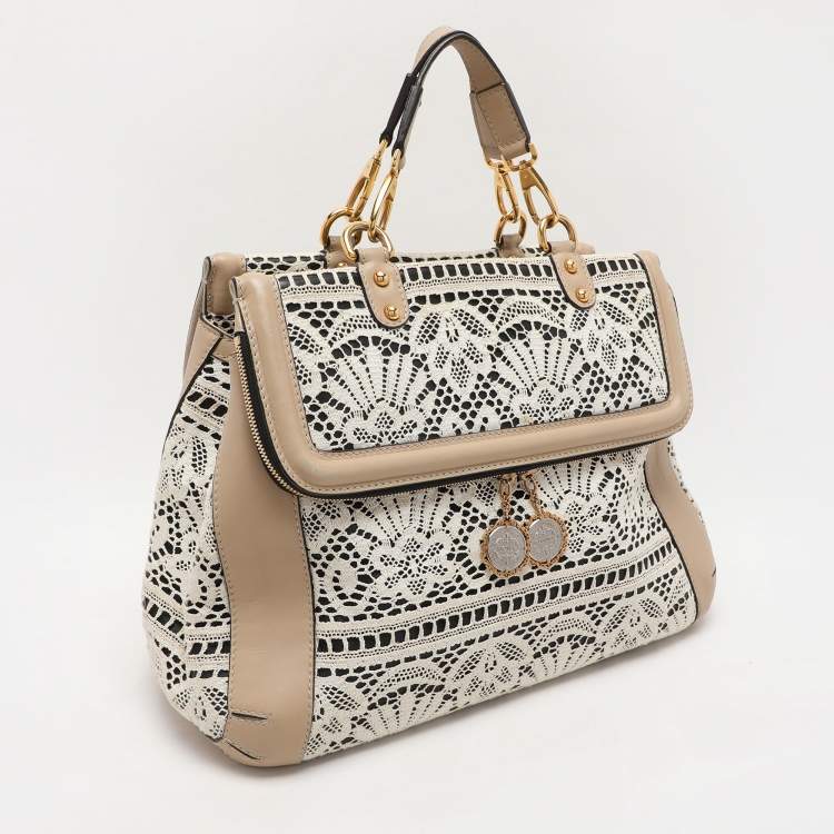 Pre Owned Dolce & Gabbana White/Beige Lace and Leather Large Miss Sicily Heritage Satchel