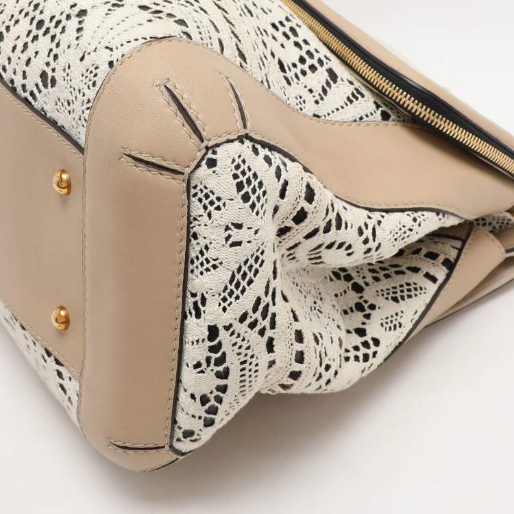 Pre Owned Dolce & Gabbana White/Beige Lace and Leather Large Miss Sicily Heritage Satchel