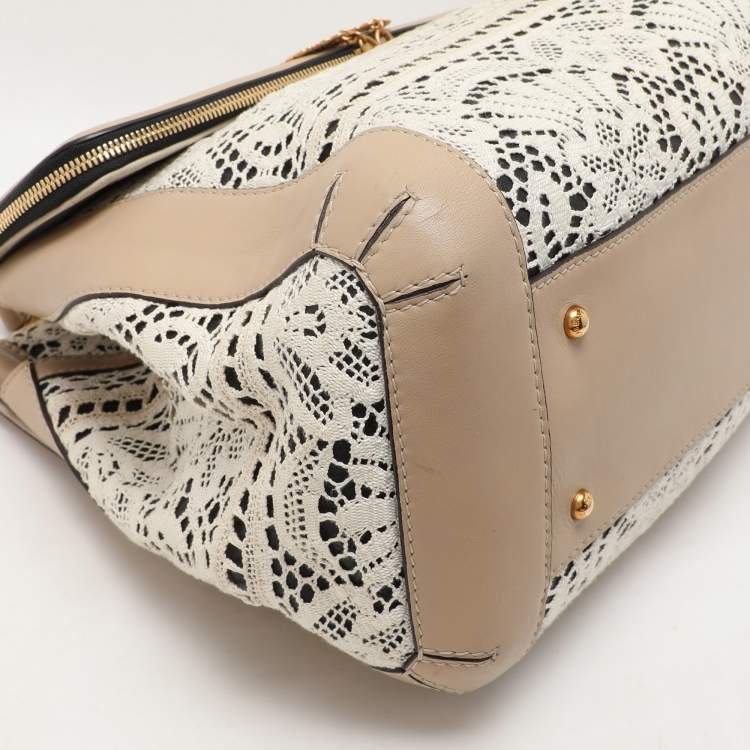 Pre Owned Dolce & Gabbana White/Beige Lace and Leather Large Miss Sicily Heritage Satchel